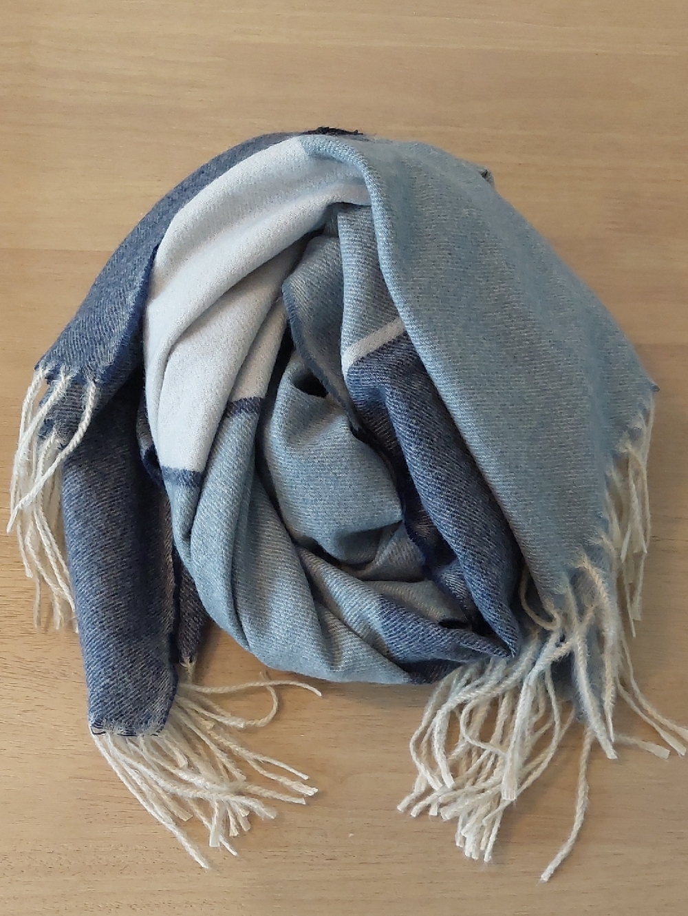 Pretty Persuasions Blue Gray and Cream Striped Fringe Scarf